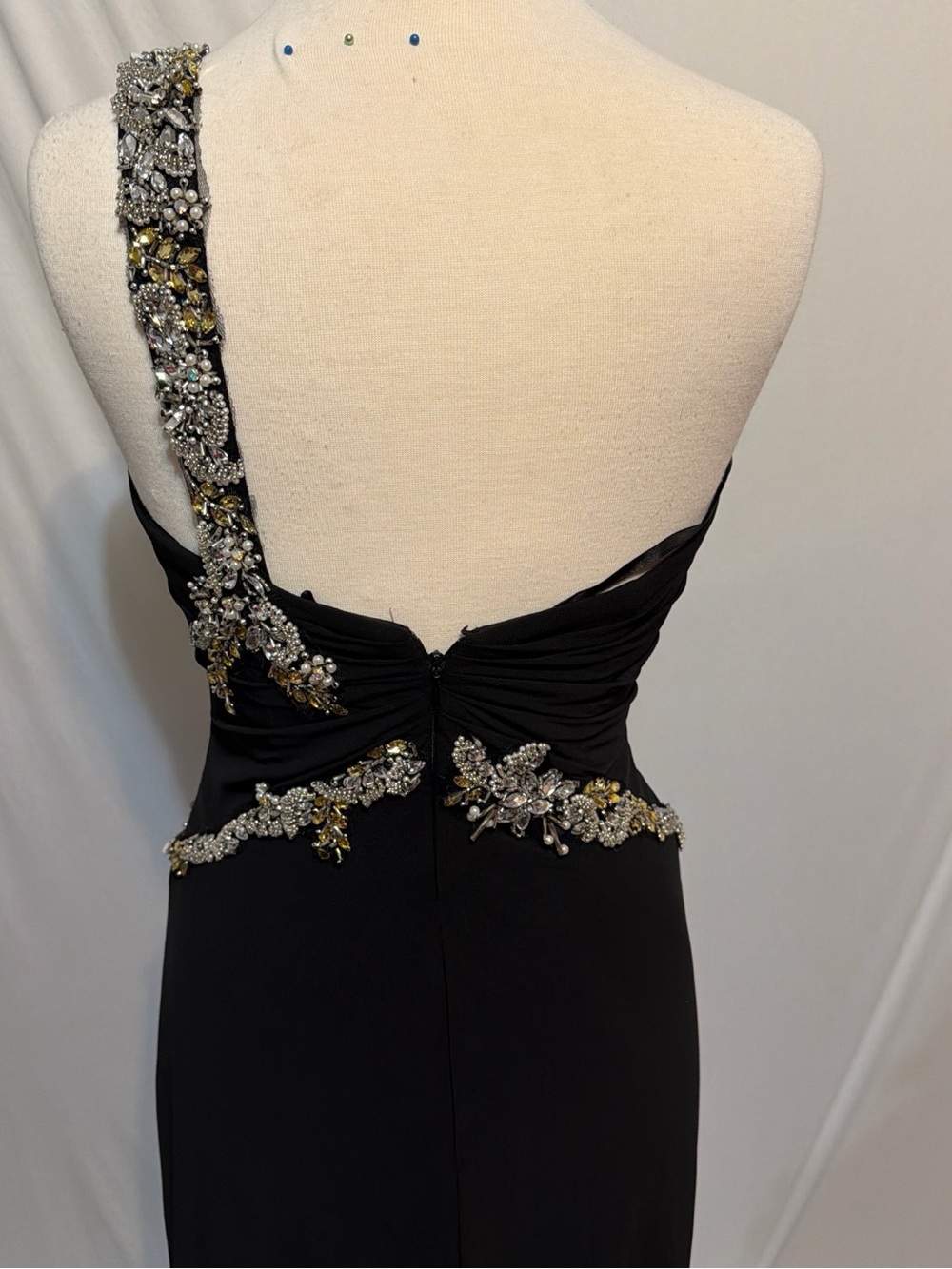 May Queen Black One-Shoulder Evening Gown with Silver & Gold Embellishments - Picture 3 of 5